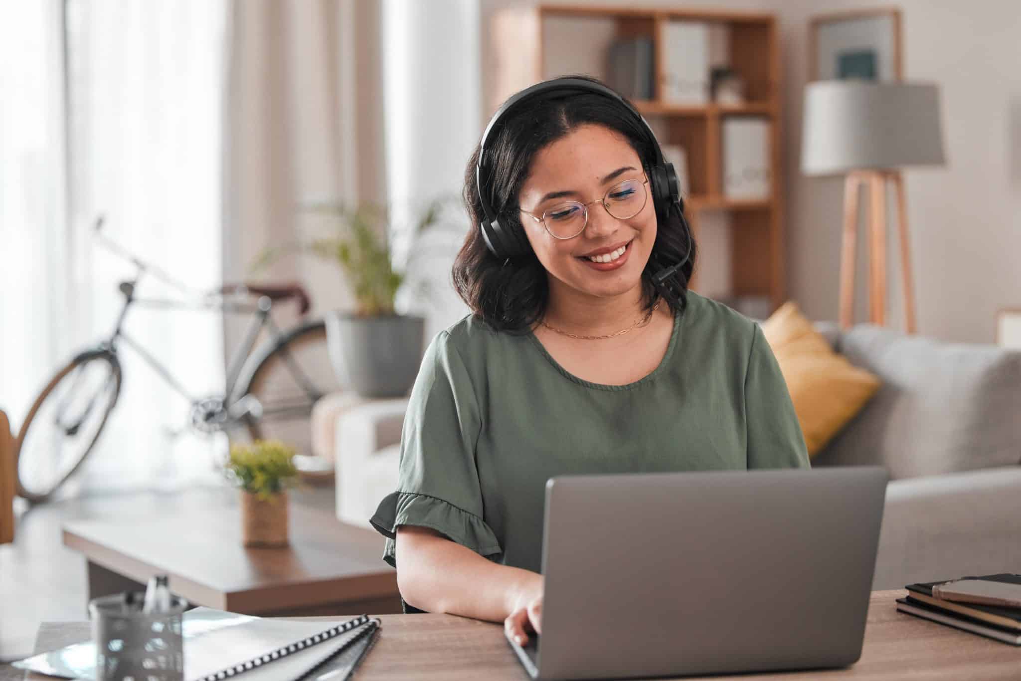 woman with laptop for call center communication and consultation.